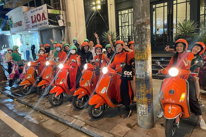 Vespa Female Ao Dai riders Night Street Food + See Train Street - Hanoi Opera House and the first food stops